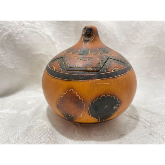 Gourd Trinket Box Bowl Bear Wood Burned Design Trees Nature 3.5”x3.5” - Picture 5 of 7